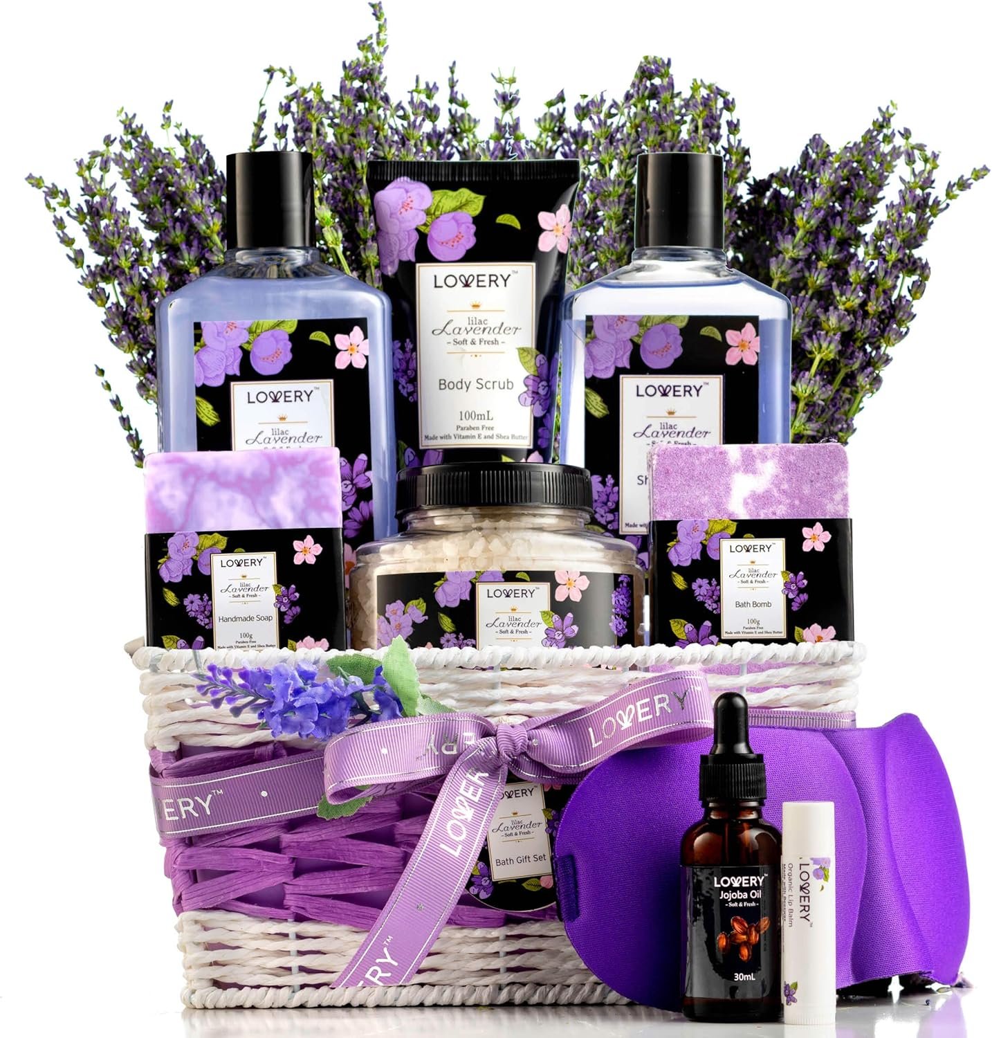Gifts for Women, Moms, Lavender & Lilac Spa Gift Basket Set – Handmade Soap, Potpourri, Bath Bomb, Jojoba Oil, Organic Lip Balm & More – Stress Relief, Bath & Body Self Care Package