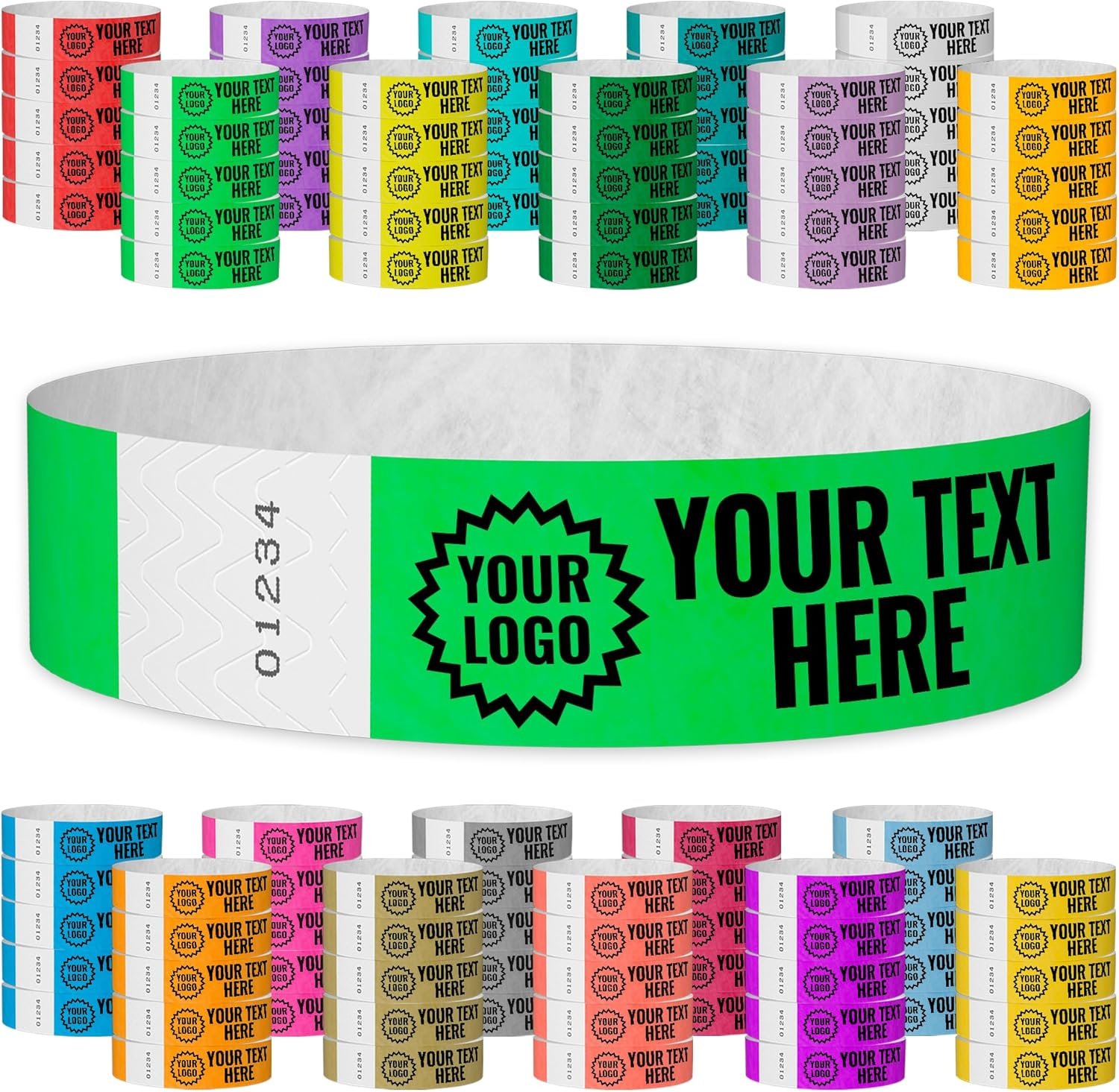 WristCo Neon Green Custom Imprint Wristbands – 100 Count Tyvek ¾” x 10”- Add Any Text Logo and Image & Receive Printed Wrist Band Bracelets for Events Concert Party Festival Security Admission VIP