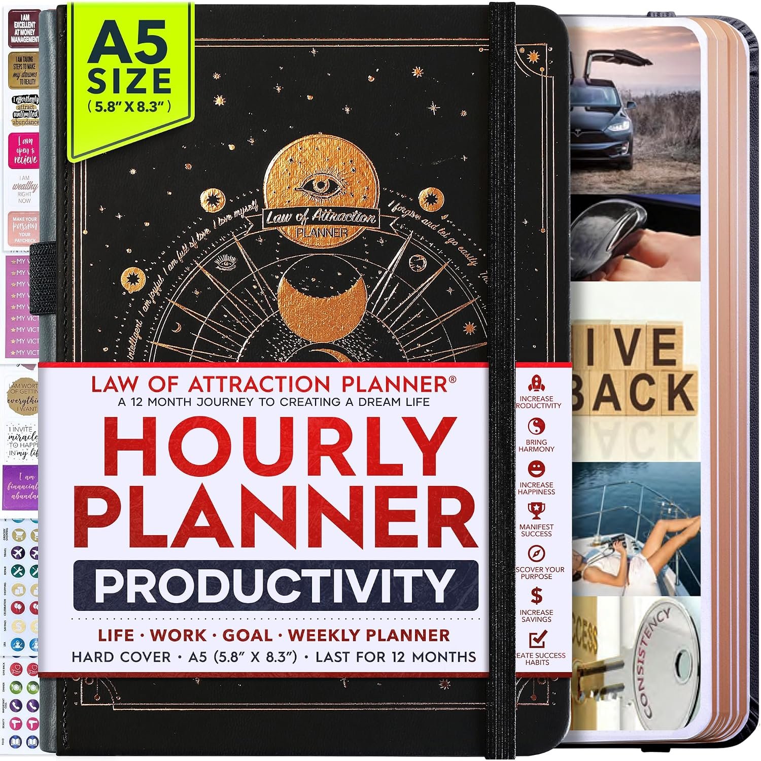 Life Planner Deluxe Undated Planner Weekly and Monthly Manifestiing Journal | Start Anytime Manifestation Journal with Hourly Scheduling, Goal Setting, Positivite Habit Tracker, Vision Board & Stickers