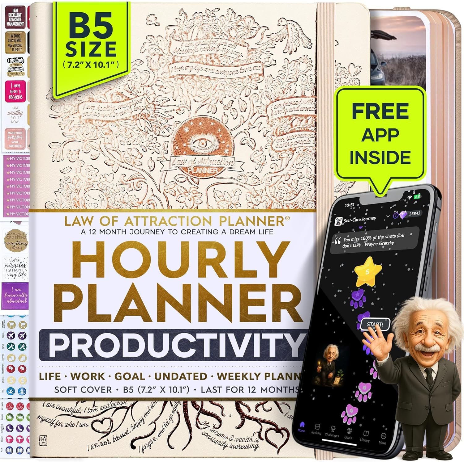 Life Planner Deluxe Undated Planner Weekly and Monthly Manifestiing Journal | Start Anytime Manifestation Journal with Hourly Scheduling, Goal Setting, Positivite Habit Tracker, Vision Board & Stickers