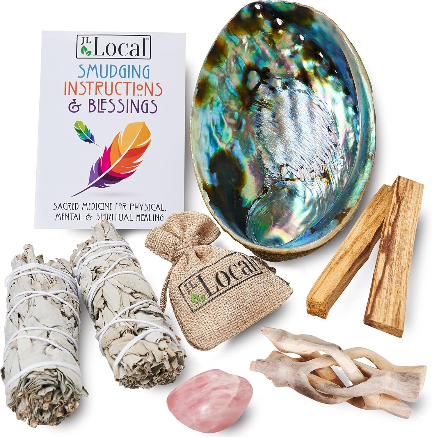 JL Local Perfect Unity Smudging Kit, White Sage, Palo Santo | 2 White Sage Smudge Sticks + 2 Palo Santo Sticks, Abalone Shell Bowl, Rose Quartz Crystal, Healing Incense for Cleansing
