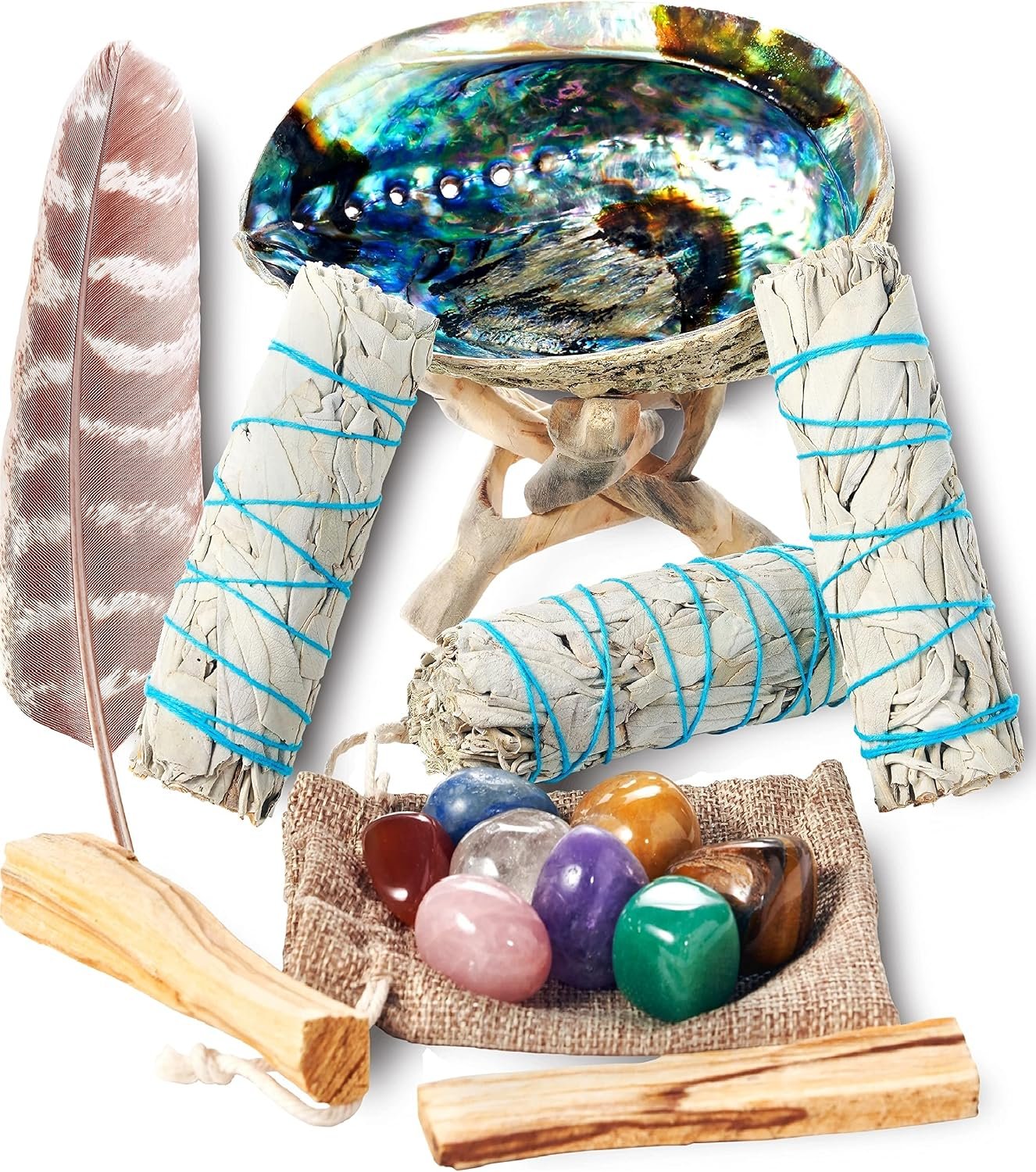 Sage Smudge Kit ~ 3 White Sage Bundles ~ 8 Healing Chakra Stones ~ Abalone Shell & Stand ~ Smudging Feather ~ Cleanse Guide/Blessings ~ Smoke Cleansing Smudge Sticks Healing Growing Manifesting | Palo Santo, Smudging Feather, Cleanse Guide & Blessings, Smoke Cleansing, Healing & Manifesting