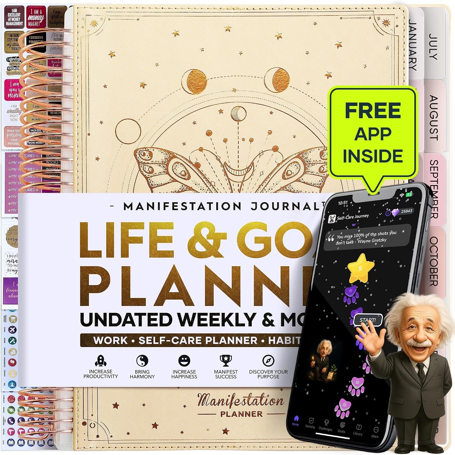 Manifestation Journal – Hourly, Weekly & Monthly Planner | 12-Month to Increase Productivity, Life Organizer & Goal Planner | Spiral Journal, Habit Tracker, Foldable Vision Board, Gift Box & Stickers
