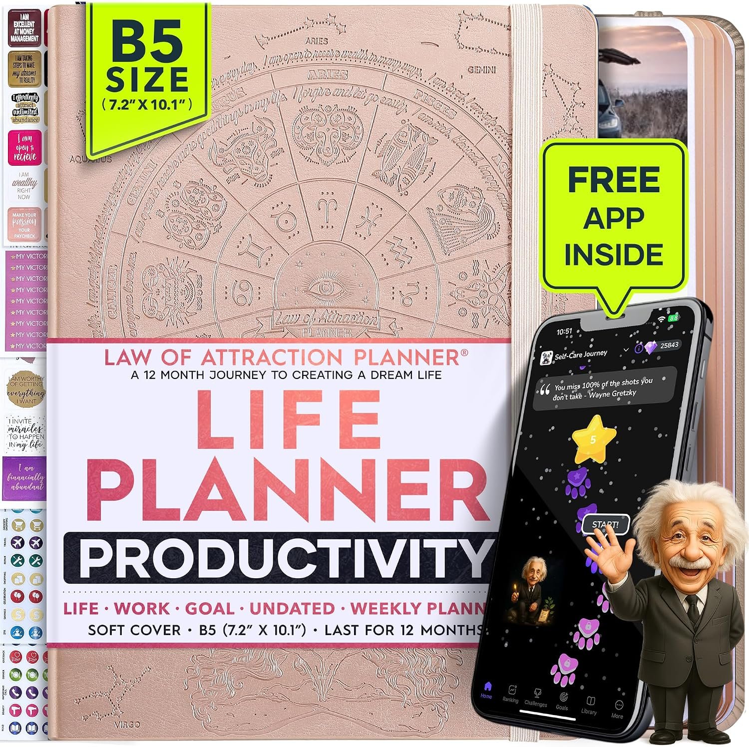 Life Planner Deluxe Undated Planner Weekly and Monthly Manifestiing Journal | Start Anytime Manifestation Journal with Hourly Scheduling, Goal Setting, Positivite Habit Tracker, Vision Board & Stickers