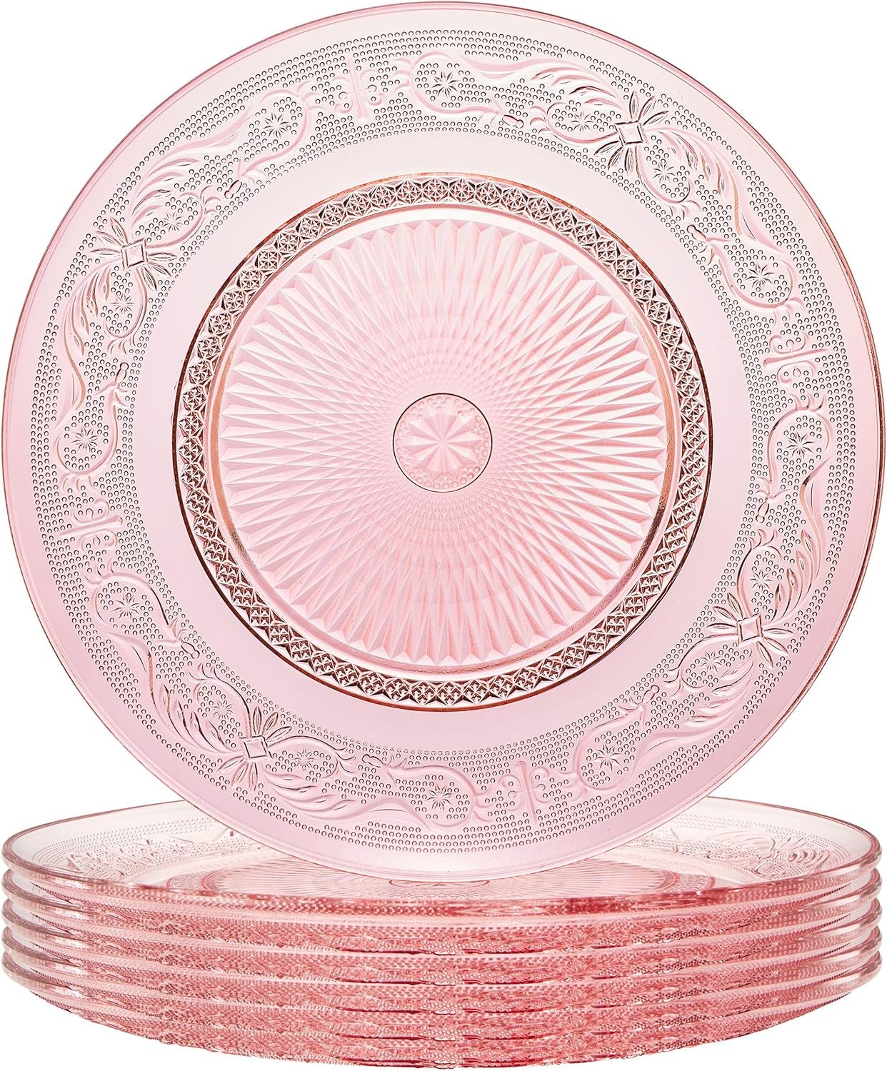Art Deco Vintage Crystal Pink Plates | Set of 6 | Unique 10.5″ Dinner or Charger Plates – Dinner, Charger, Dessert Server, Appetizer Plate, Snack, Fruit, Hand Wash, Housewarming Gift