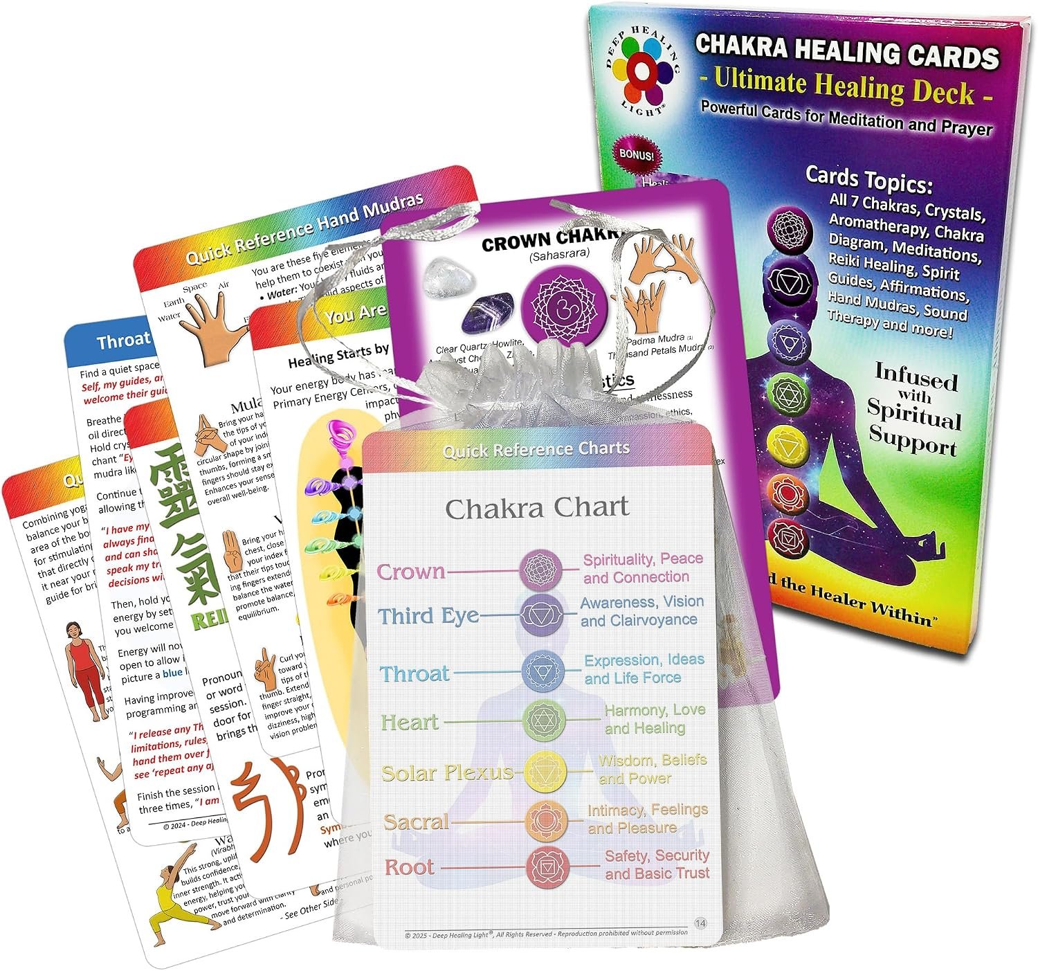 Chakra Healing Cards for Reiki, Meditation & Energy Balance, 20 Cards | Meditations & Affirmations, Crystals & Essential Oils, Reiki Symbols & Chakra Chart, Yoga Poses & Hand Mudras