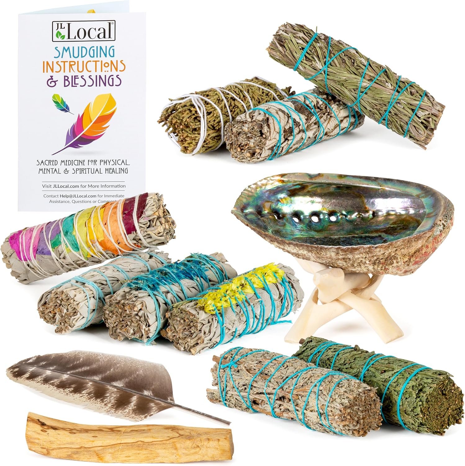10 Sage Smudge Kit | Flower Sage, White Sage, Blue Sage, Yerba Santa, Cedar, Juniper & Palo Santo Smudge Sticks, Abalone Shell