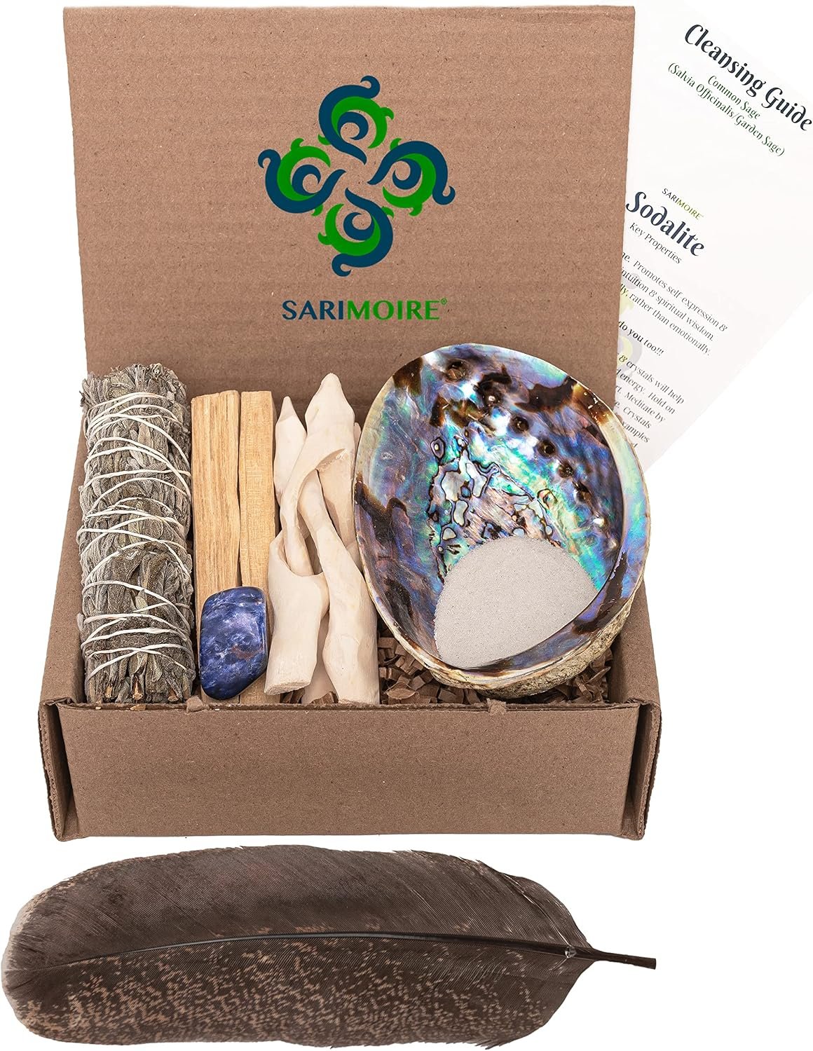 Sage Kit – Common Sage Smudge Stick ~ Abalone Shell for Smudging ~ Palo Santo Sticks ~ 2 inchTripod Stand ~ 8 inch Feather and White Sand