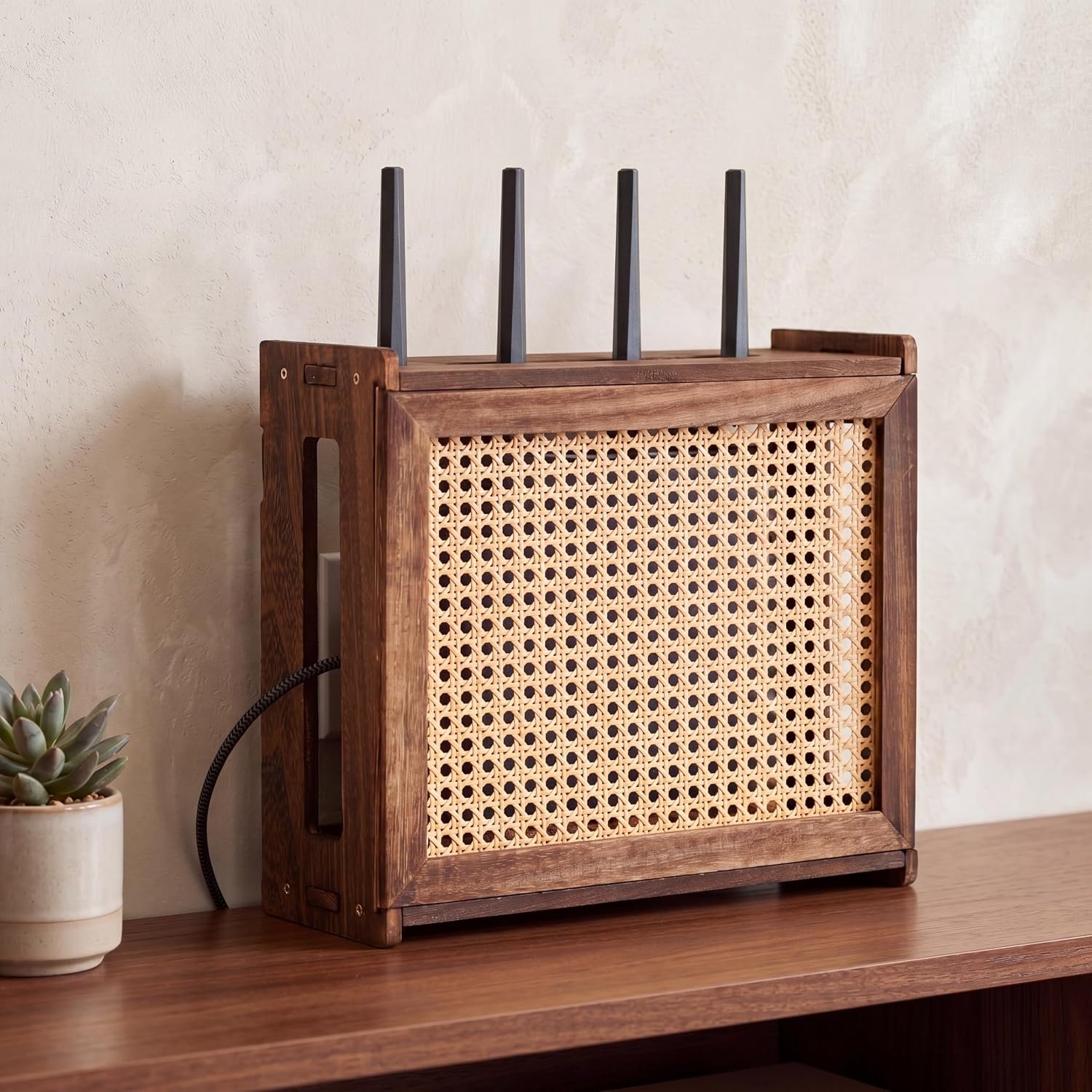 Wi-Fi Router Box Hider, Wi-Fi Router Storage Box with Synthetic Rattan Decor, Modem Cable Cover Organized, Power Strip Cable Hider Rack(Dark Wood Color,15.8 x 5.5 x 13.4 Inches,Wood)