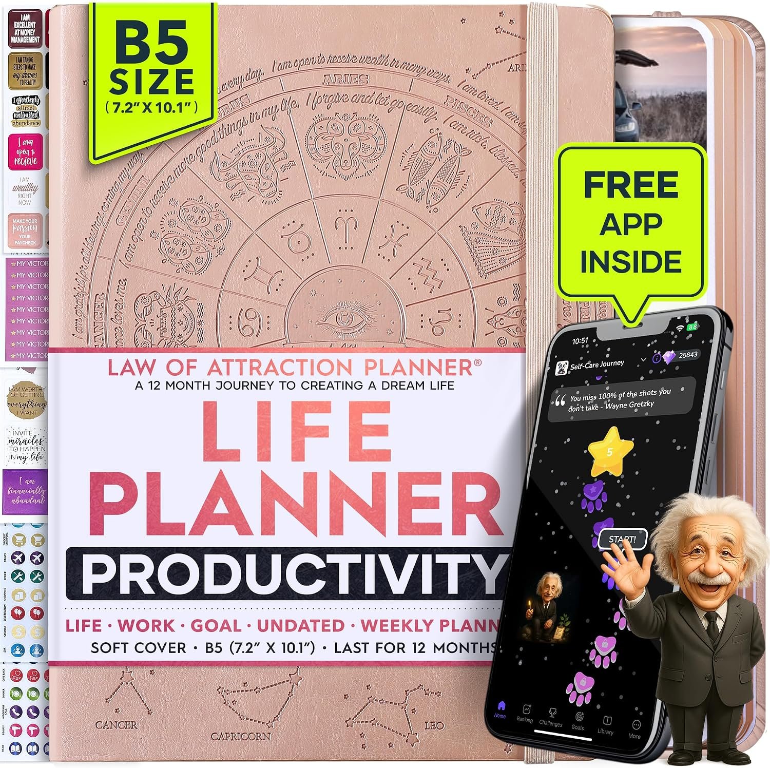 Life Planner Deluxe Undated Planner Weekly and Monthly Manifestiing Journal | Start Anytime Manifestation Journal with Hourly Scheduling, Goal Setting, Positivite Habit Tracker, Vision Board & Stickers