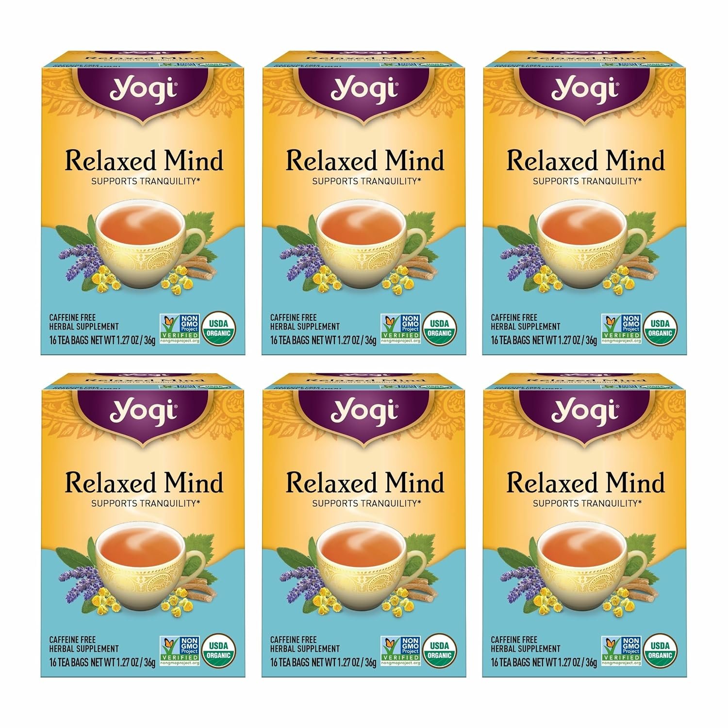 Yogi Tea – Relaxed Mind (6 Pack) – Supports Tranquility – Calming Tea with Gotu Kola and Lavender – Caffeine Free – 96 Organic Herbal Tea Bags