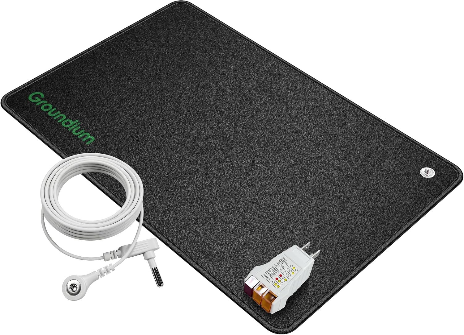 Grounding Mat (16.34″ x 25.2″) – Conductive Carbon PU Earthing Pad for Feet, Under Desk, and Bed – Static Discharge and Ambient Voltage Reduction – Includes 16.4ft Cord and Outlet Tester