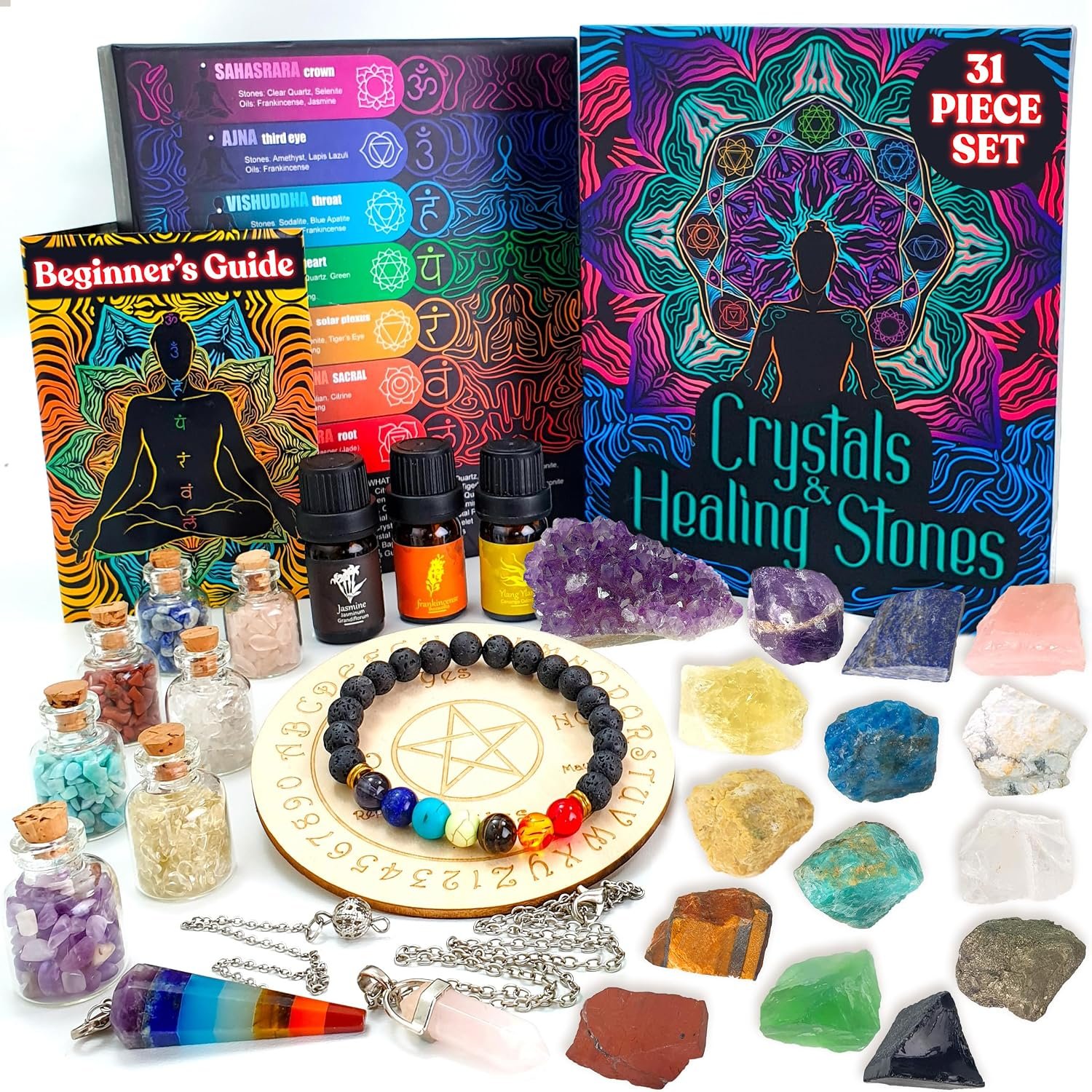 Crystals and Healing Stones Set 31Pcs – Healing Crystals & Stones – 14 Real Raw Chakra Rocks, 7 Gemstones Bottles, 3 Essential Oils,Pendant Necklace, Pendulum Board, Amethyst Cluster, Bracelet & Guide