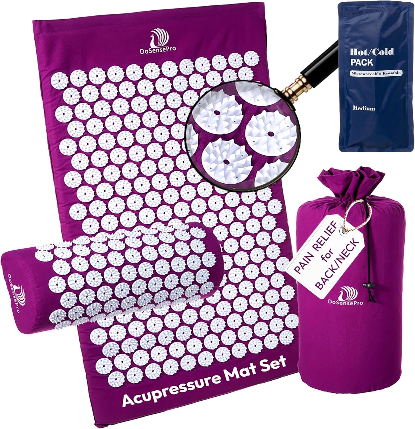 Acupressure Mat & Pillow Set for Sciatica Pain Relief, Extra-Long 29” Acupressure Therapy for Back & Neck Pain, Stress Relief & Better Sleep, with Carry Bag & Hot/Cold Pack (Purple)