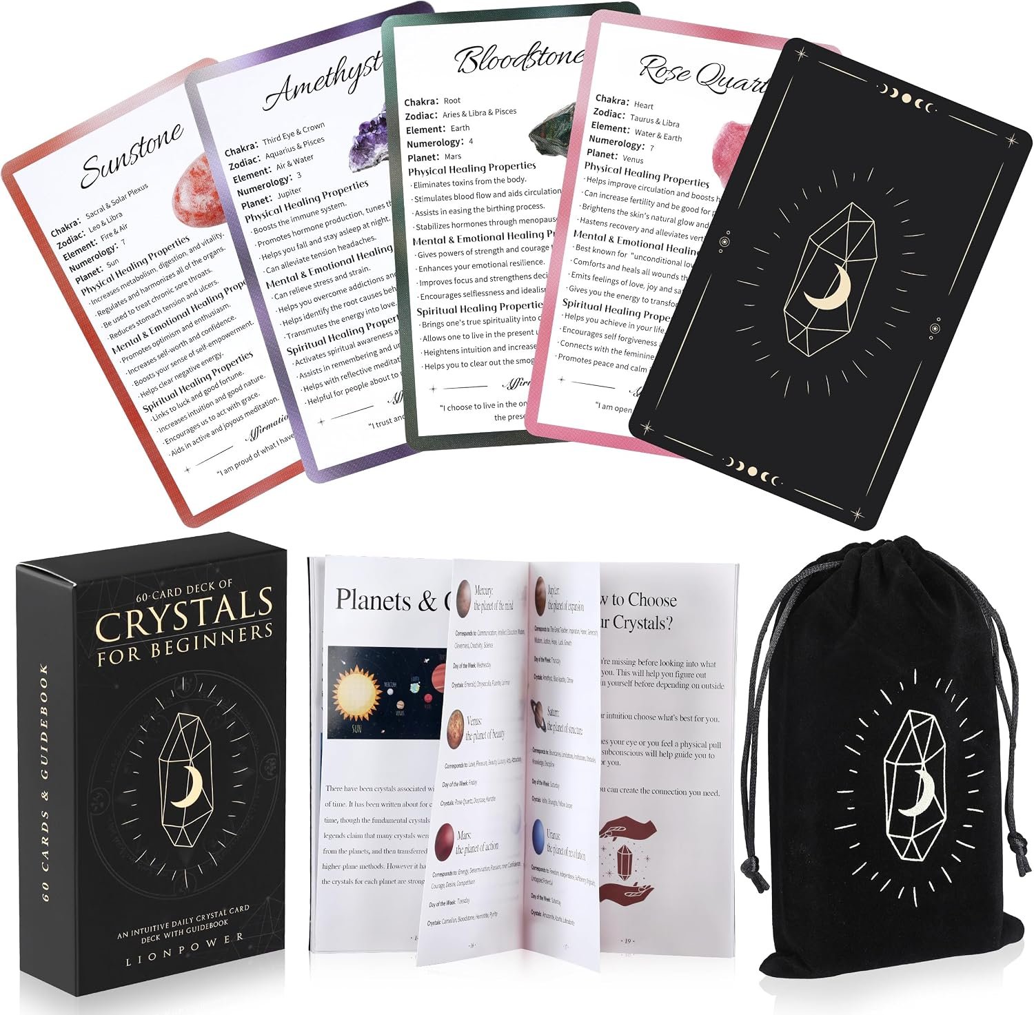 lionpower Healing Crystals for Beginners: 60-Card Deck of Crystals and Healing Stones, Crystal Oracle Cards with Meaning on Them, Oracle Cards Deck with Guidebook, Inspiration Cards Meditation Gifts