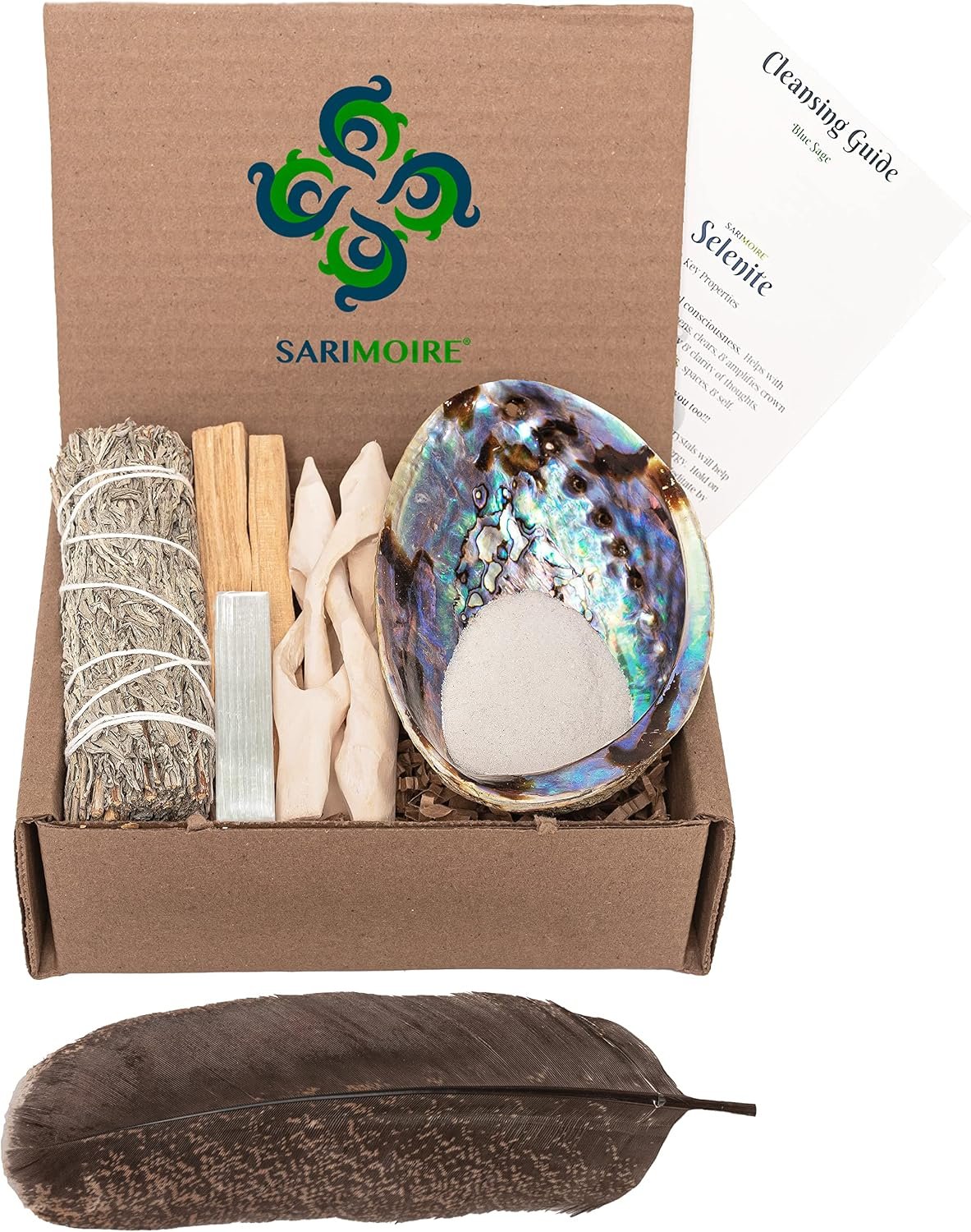 Sage Kit – Blue Sage Smudge Stick ~ Abalone Shell for Smudging ~ Palo Santo Sticks ~ 2 inchTripod Stand ~ 8 inch Feather and White Sand