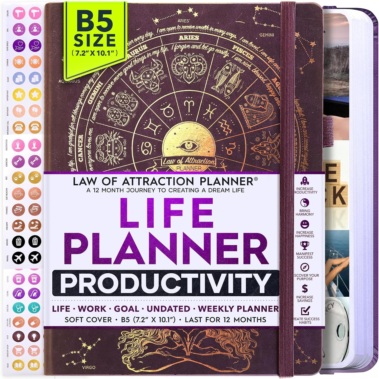 Life Planner Deluxe Undated Planner Weekly and Monthly Manifestiing Journal | Start Anytime Manifestation Journal with Hourly Scheduling, Goal Setting, Positivite Habit Tracker, Vision Board & Stickers
