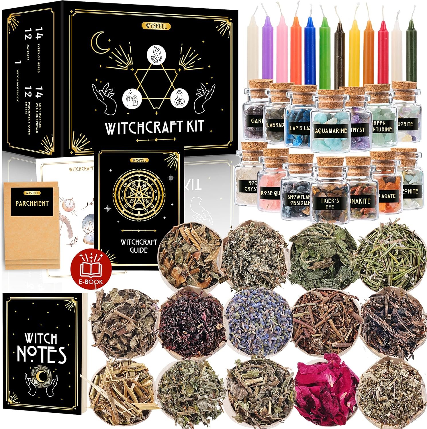 Wyspell Witchcraft Supplies Kit – 54PCS – Witch Kit for Altar: Spell Candles, Dried Herbs, Healing Crystals in Jars – Wiccan Supplies & Tools – Witchy Gifts for Beginners