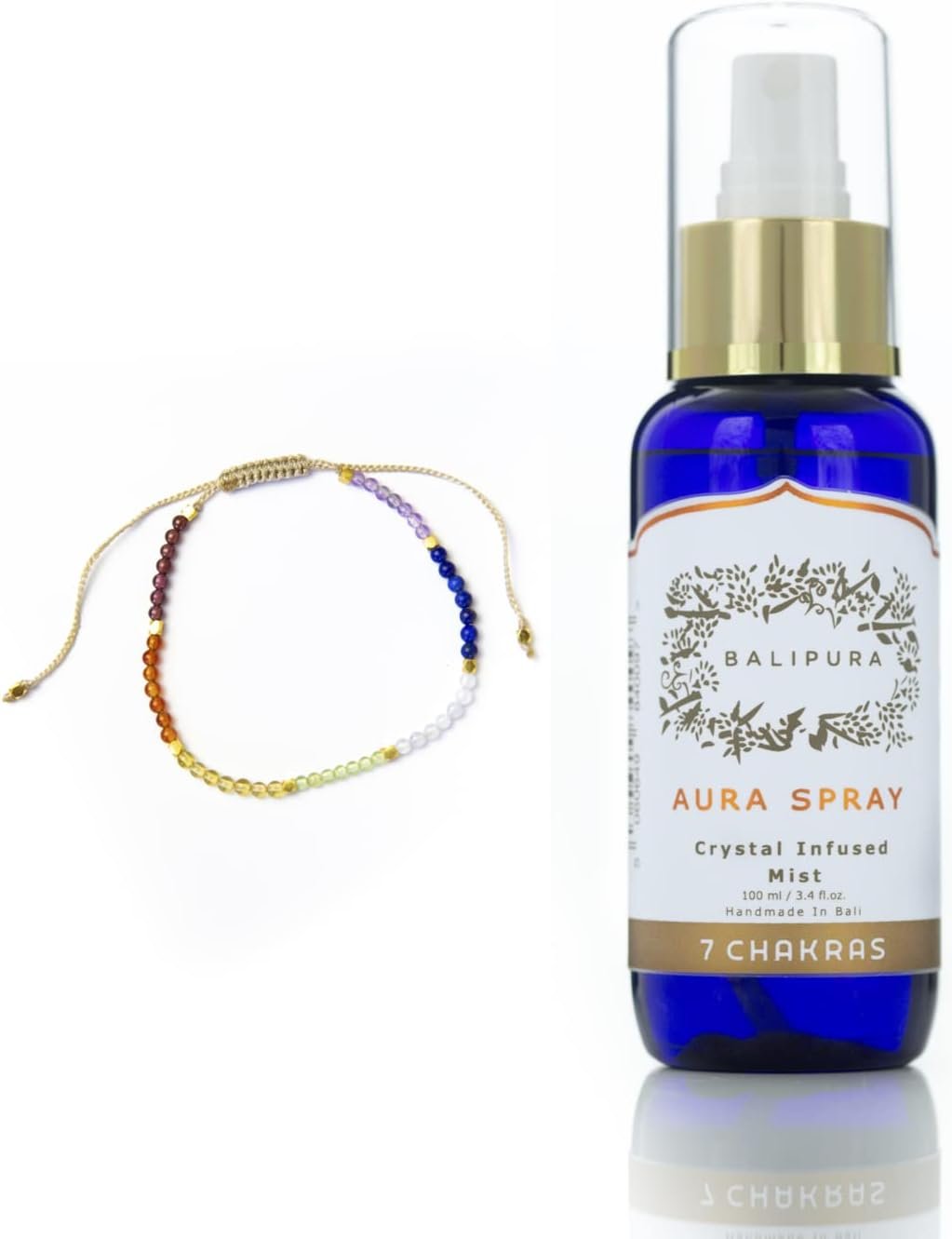 7 Chakra Travel Set – Aura Spray and Bracelet 2mm Small Beads – Gift Sets for Women and Men – Crystal, Gemstones Wristlet – Essential Oil Spray Energy, Free Linen Bag, Handmade in Bali