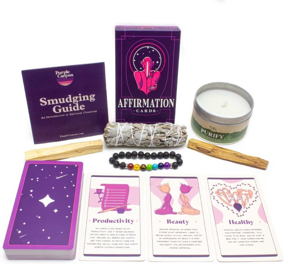 Positive Intentions Gift Set for Women and Men, Stress Relief Gift Set with Positive Affirmations Cards, California White Sage, Palo Santo, Candle and Chakra Bracelet