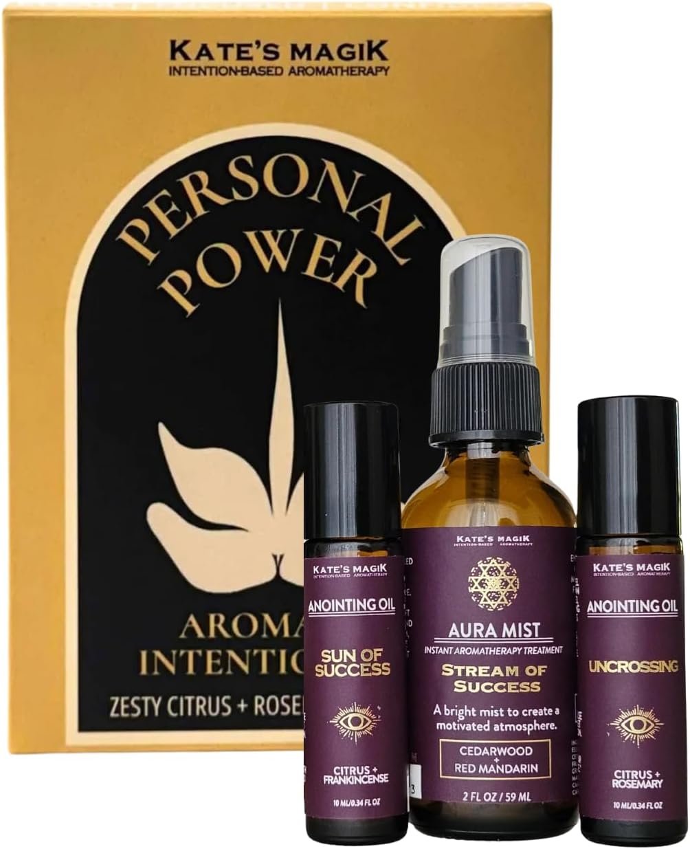 Kate’s Magik Personal Power Aromatic Intention Set, Aura Mist and Anointing Oil Roll-Ons, Bright Citrus & Herbal Wearable Aromatherapy for Confidence, Clarity and Focus