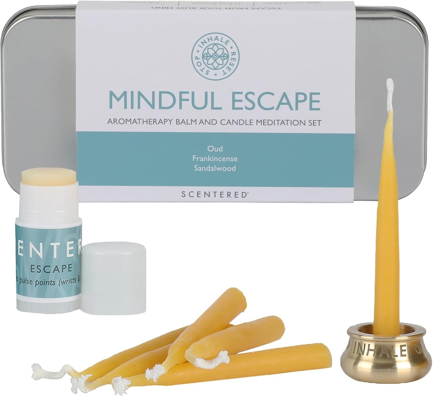 Scentered Yoga Meditation Kit – Aromatherapy Balm & Natural Beeswax Candles Set for Mindfulness – 12x Beeswax Candles with Brass Holder & Essential Oil Balm – Self-Care Gifts for Women