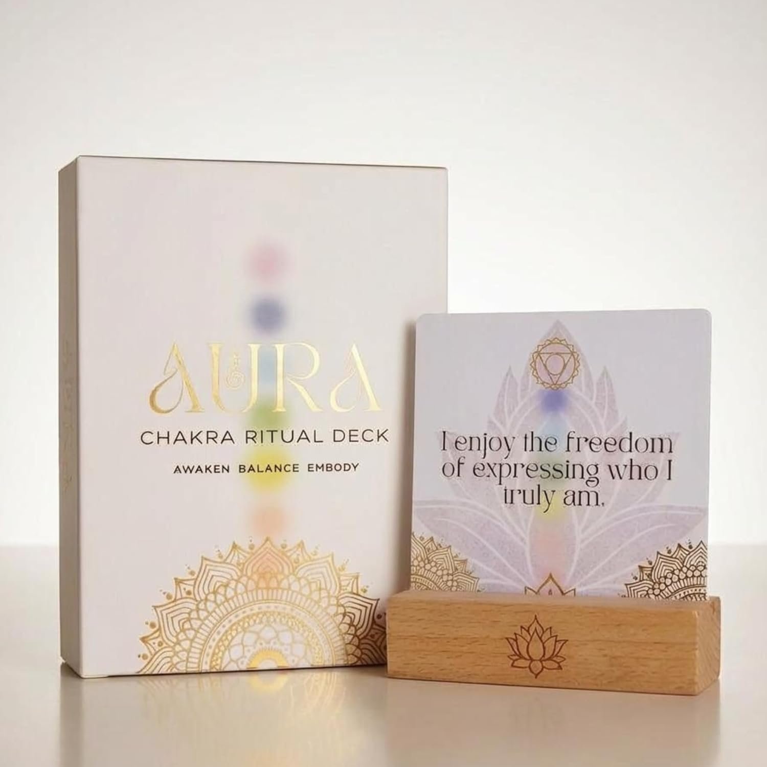 Aura Chakra Affirmations & Ritual Deck: 57 Daily Mindfulness & Meditation Activity Cards | Balance Mind, Body & Spirit | Wellness Self-Care Gift for Women – Stand and Pouch