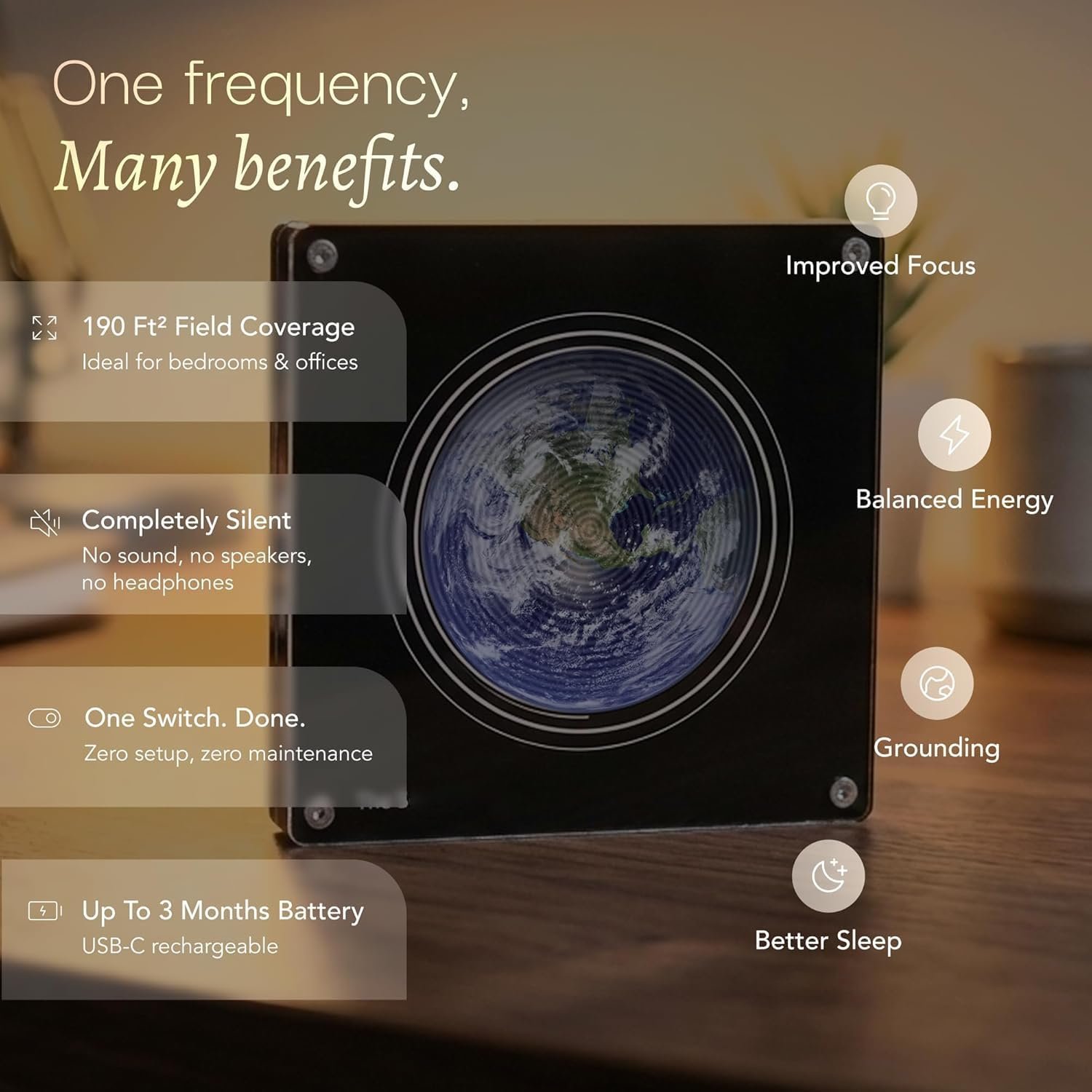 Frequency Generator for Healing – 7.83 Hz Adjustable Schumann Sine Wave Resonance Generator Device for Sleep, Wellness & Yoga – USB-C Rechargeable & Portable Natural Therapy Machine (White-Gold)