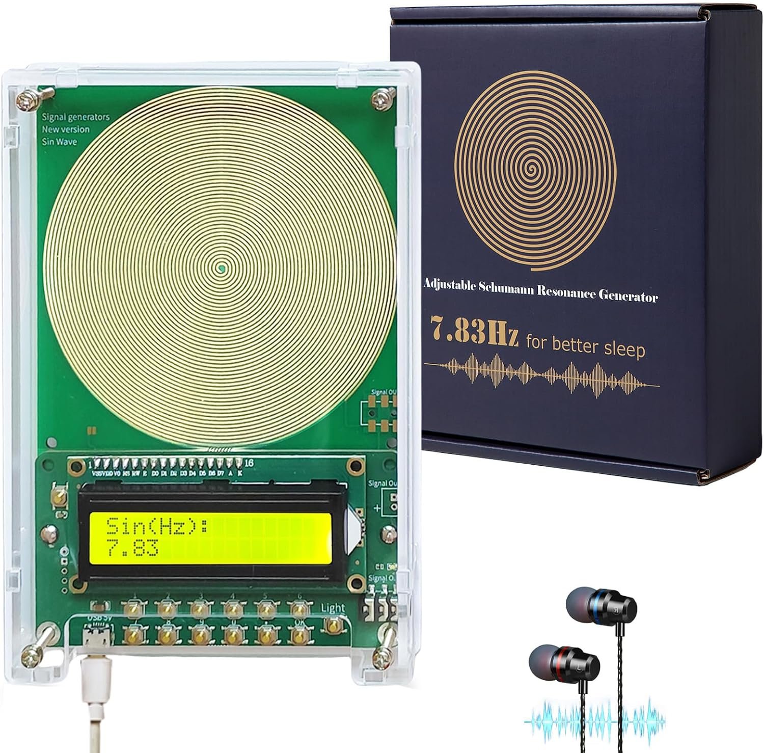 7.83Hz Schumann Resonance Generator, Adjustable Sine Wave Frequency Generator for Healing (0.01Hz-299999Hz) with Acrylic Case, USB Powered Signal Generator for Relaxation, Stress Relief & Better Sleep
