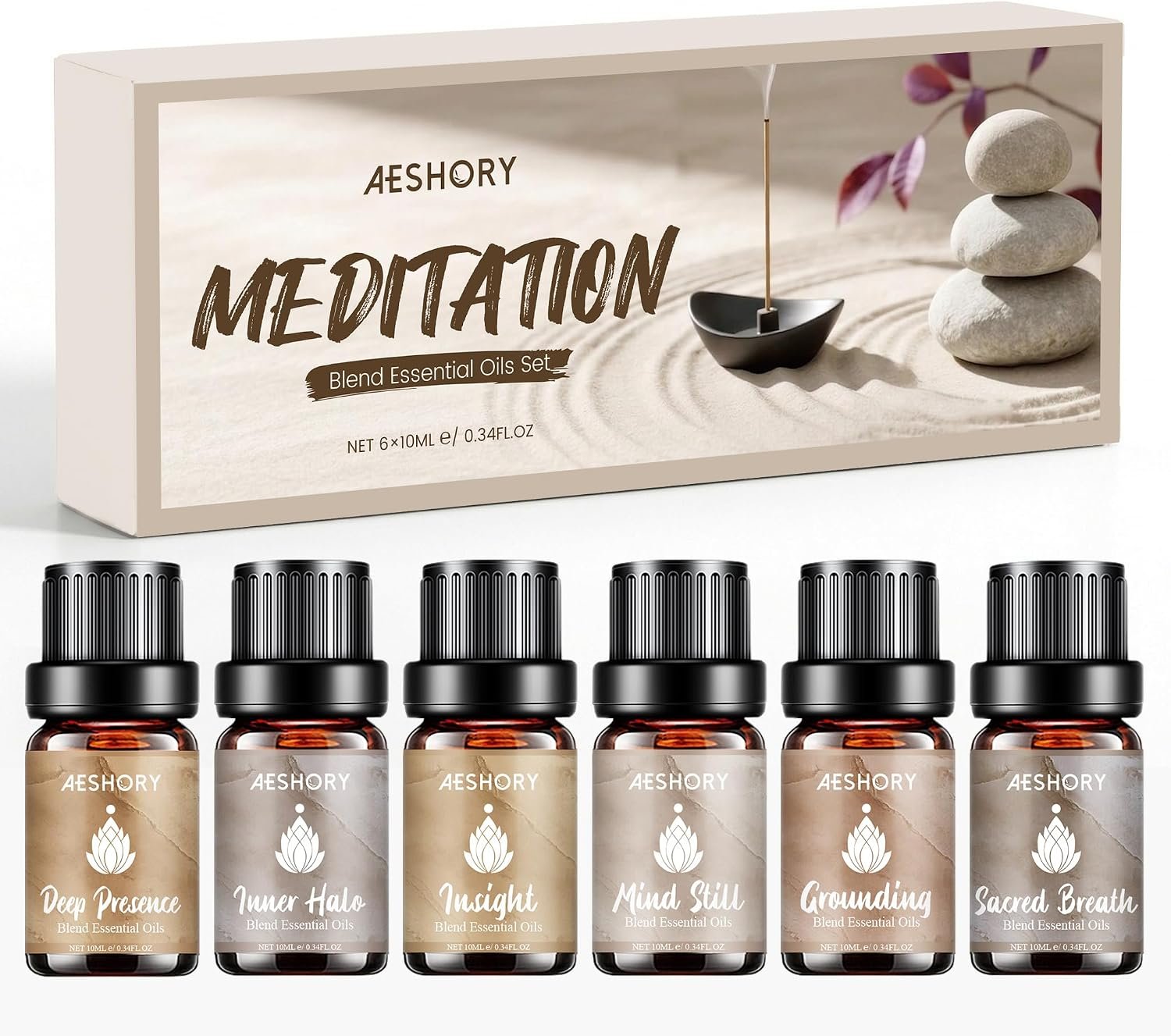 AESHORY Meditation Essential Oils Set, 6 Aromatherapy Blend Oils for Diffusers for Home, Yoga, Mindfulness & Relaxation, Deep Presence, Inner Halo, Grounding, Sacred Breath, Gift Set 6 x 10ML