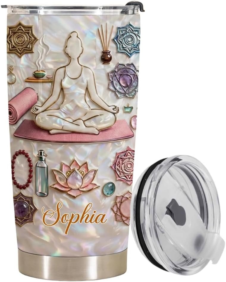 Inner Peace Yoga Woman with Lotus Flower Personalized 20oz Tumbler, Personalized Stainless Steel Tumbler for Yoga Lover, Yoga Tumbler for Women Sister Mom, Yoga Teacher Gifts, Mediation Lover Gift