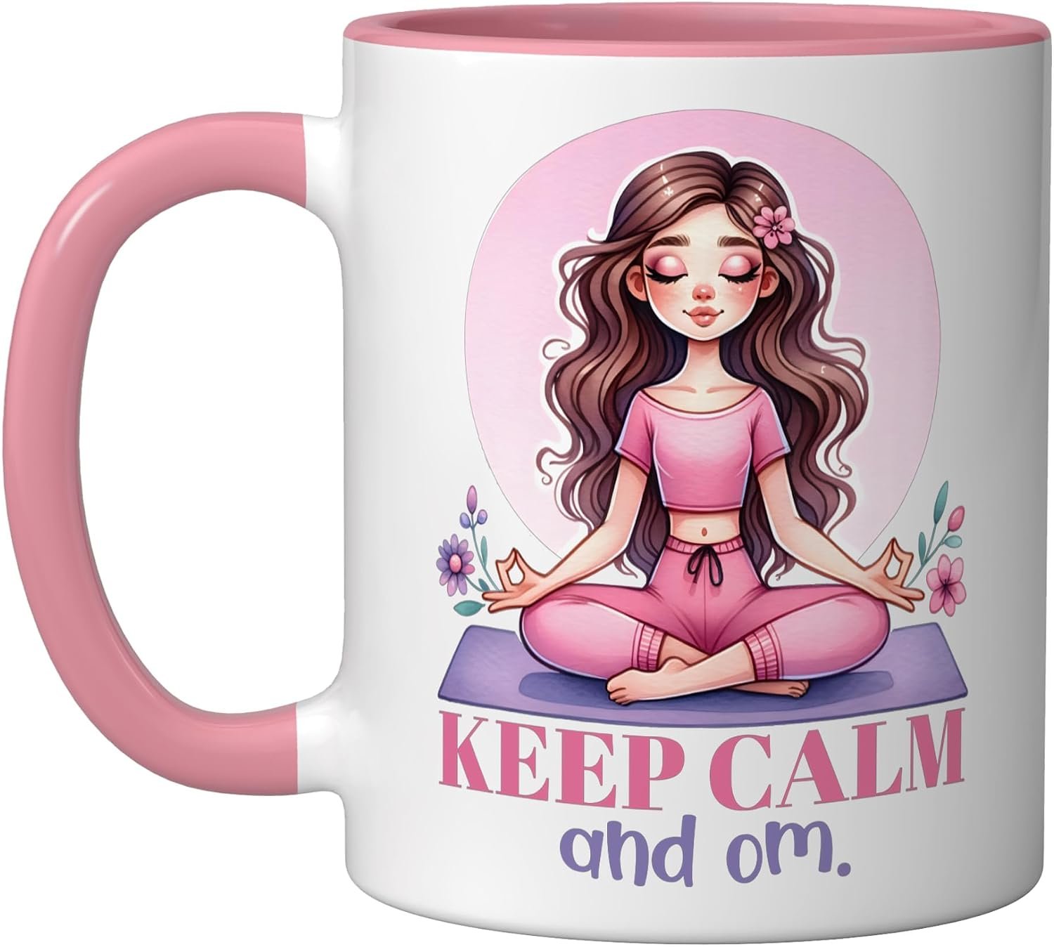 Keep Calm And Om Yoga Meditation Spiritual Inspirational Ceramic Mug, Pink/White