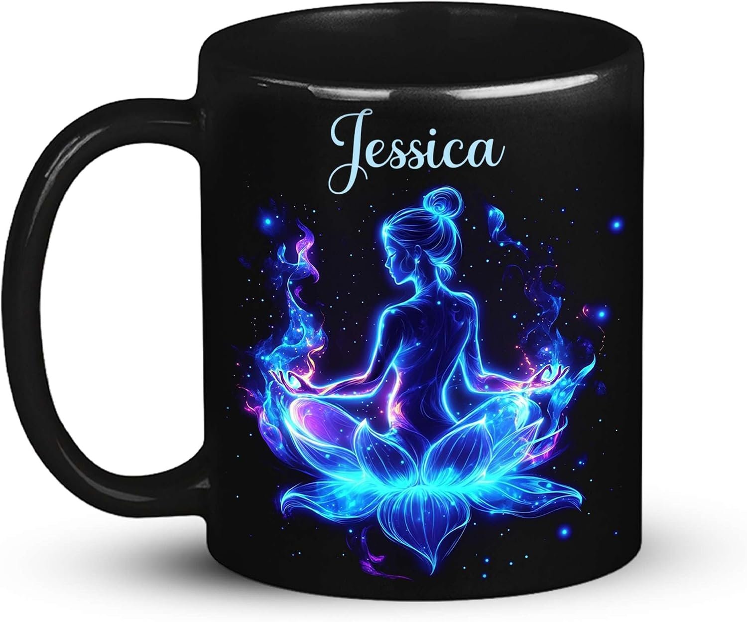 Meditation Coffee Mug with Custom Name, Glowing Lotus Design Cup 11oz 15oz, Personalized Yoga Inspired Ceramic Mug, Gifts for Yoga Lovers, Spiritual Black Cup