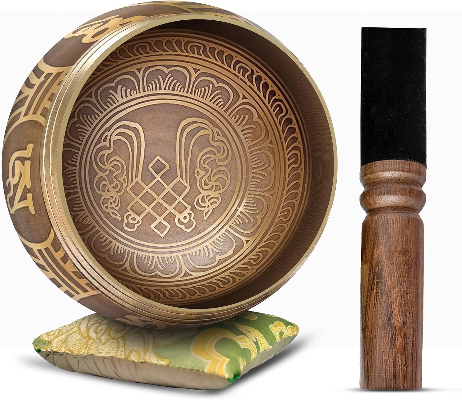 Tibetan Singing Bowl Set – Easy To Play Authentic Handcrafted For Meditation Sound Bowl Chakra Yoga Healing 4 Inches By Himalayan Bazaar (Gold & Green)
